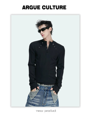 Studded Fitted Henley Long-Sleeve Tee