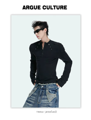 Studded Fitted Henley Long-Sleeve Tee