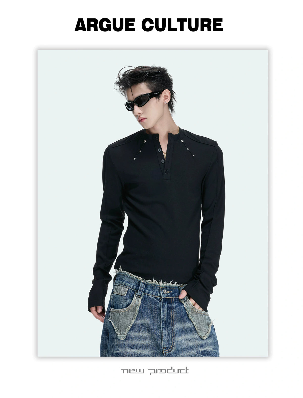 Studded Fitted Henley Long-Sleeve Tee