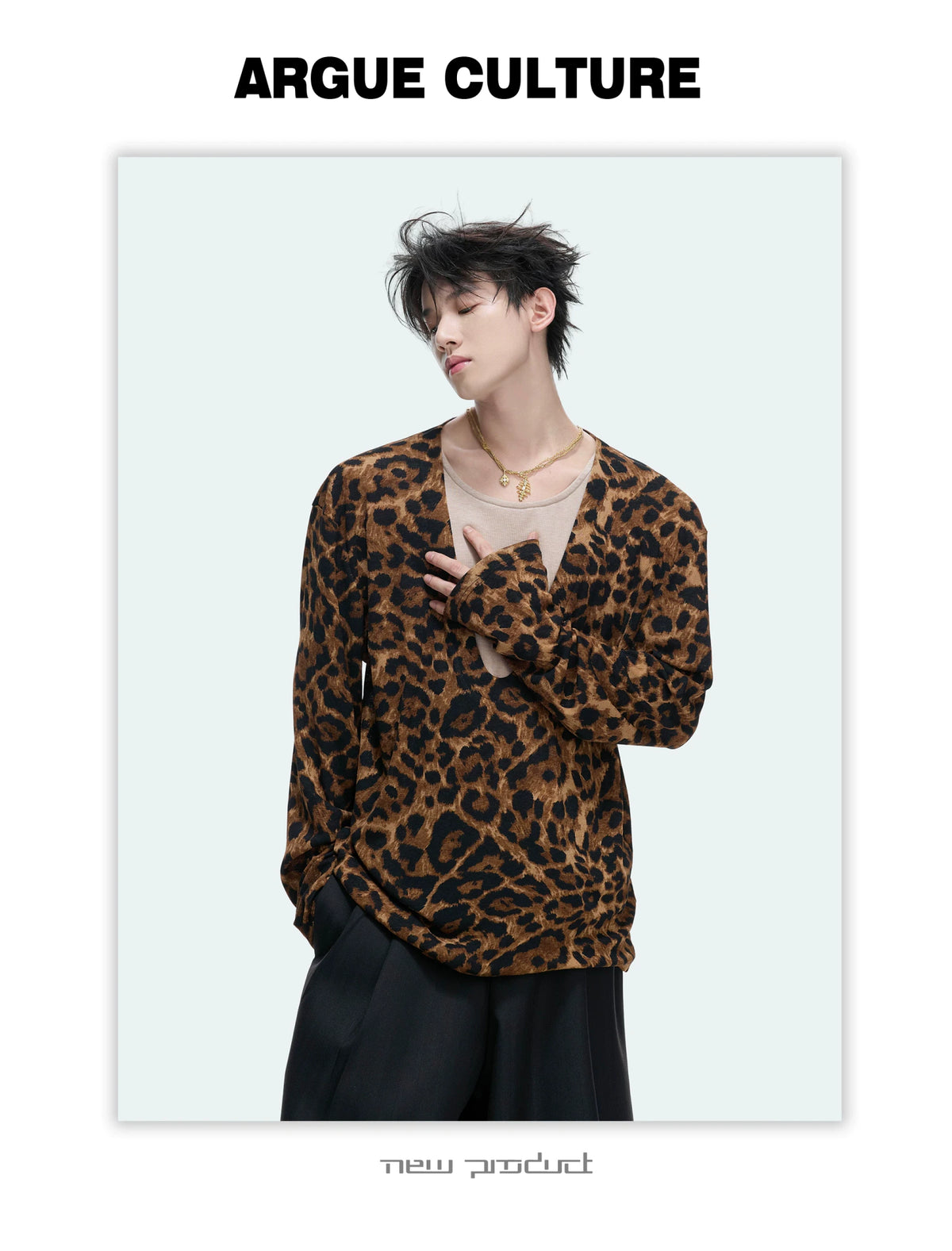 Leopard Mock Two-Piece Deep V Long-Sleeve Top
