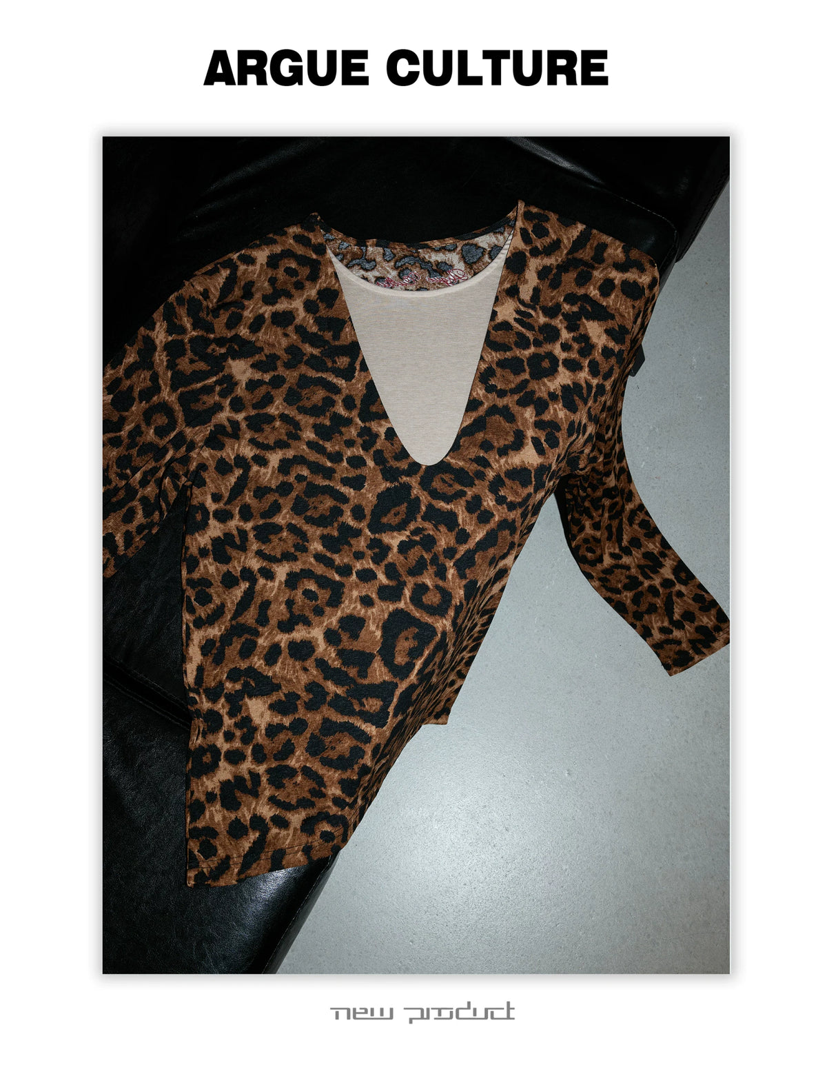Leopard Mock Two-Piece Deep V Long-Sleeve Top
