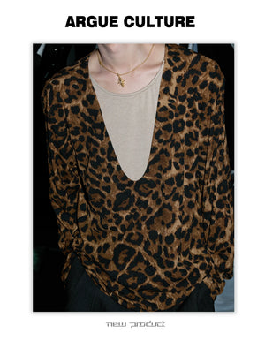 Leopard Mock Two-Piece Deep V Long-Sleeve Top
