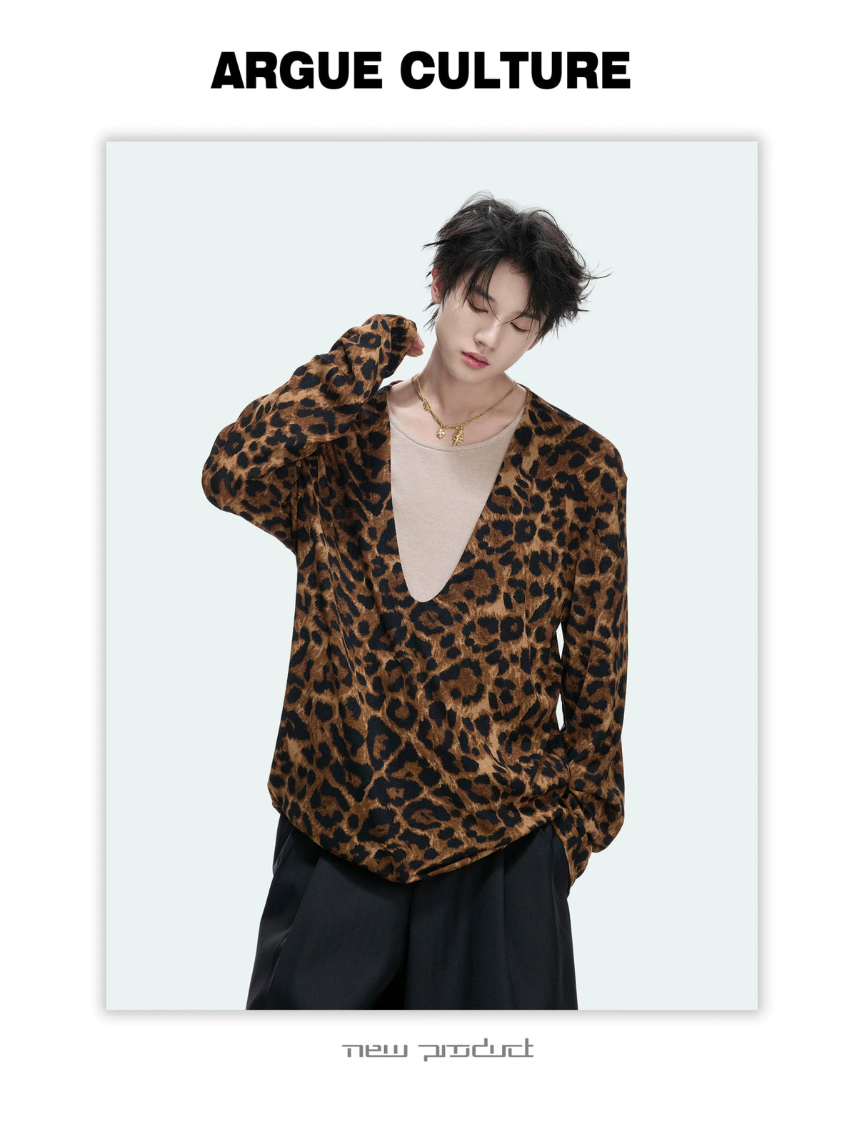 Leopard Mock Two-Piece Deep V Long-Sleeve Top - detail image 7