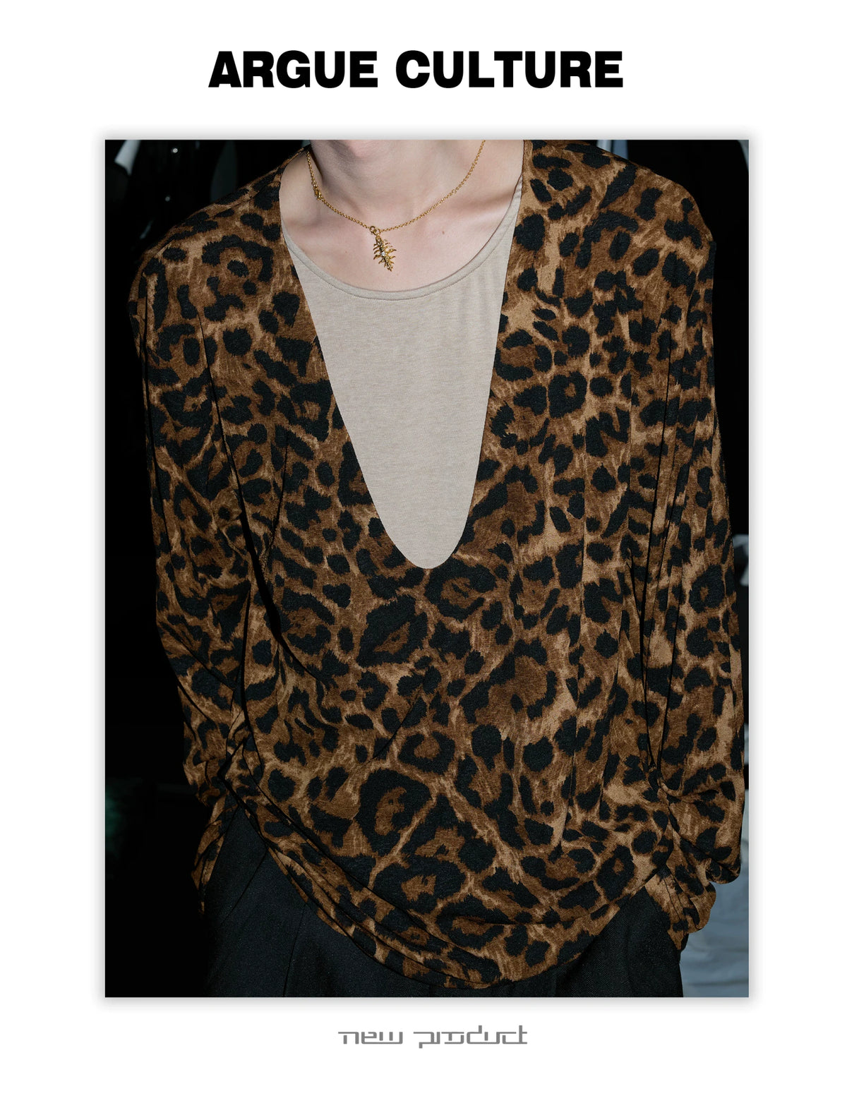 Leopard Mock Two-Piece Deep V Long-Sleeve Top