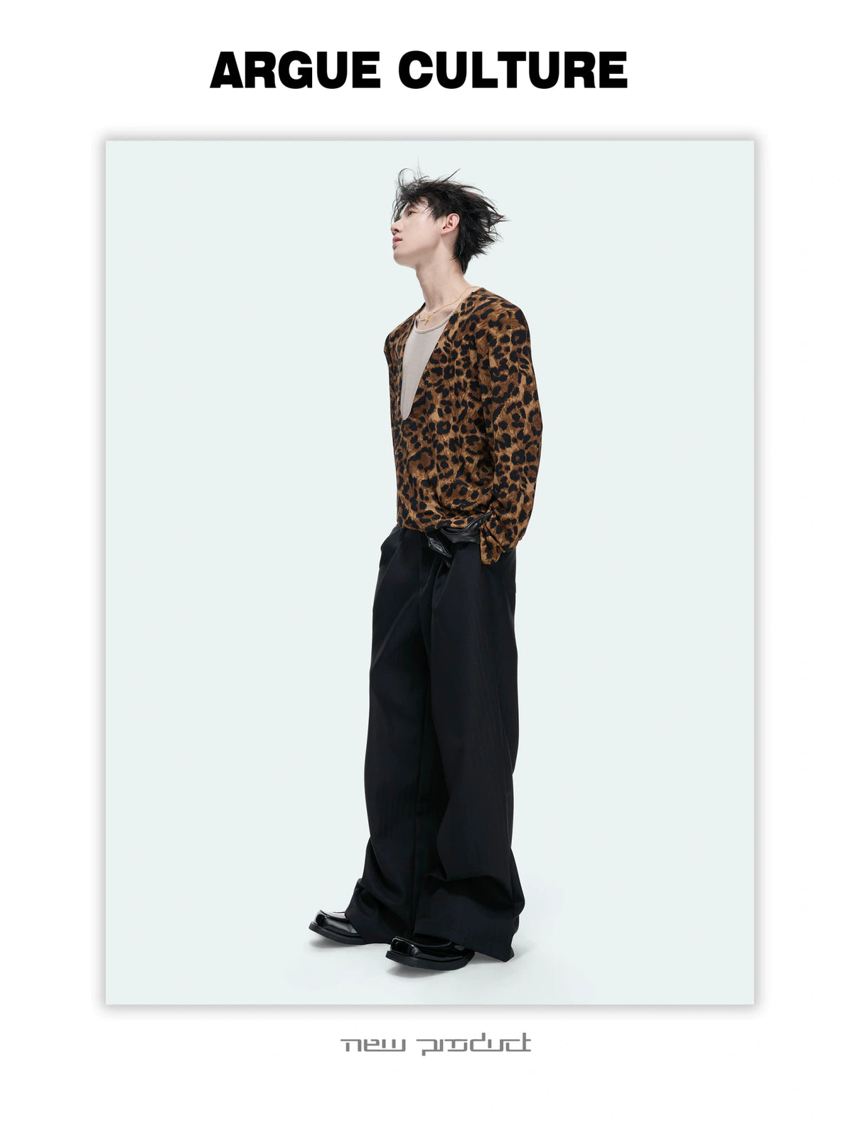 Leopard Mock Two-Piece Deep V Long-Sleeve Top