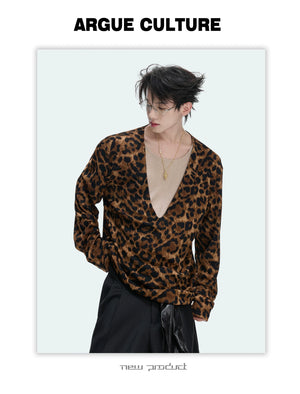 Leopard Mock Two-Piece Deep V Long-Sleeve Top