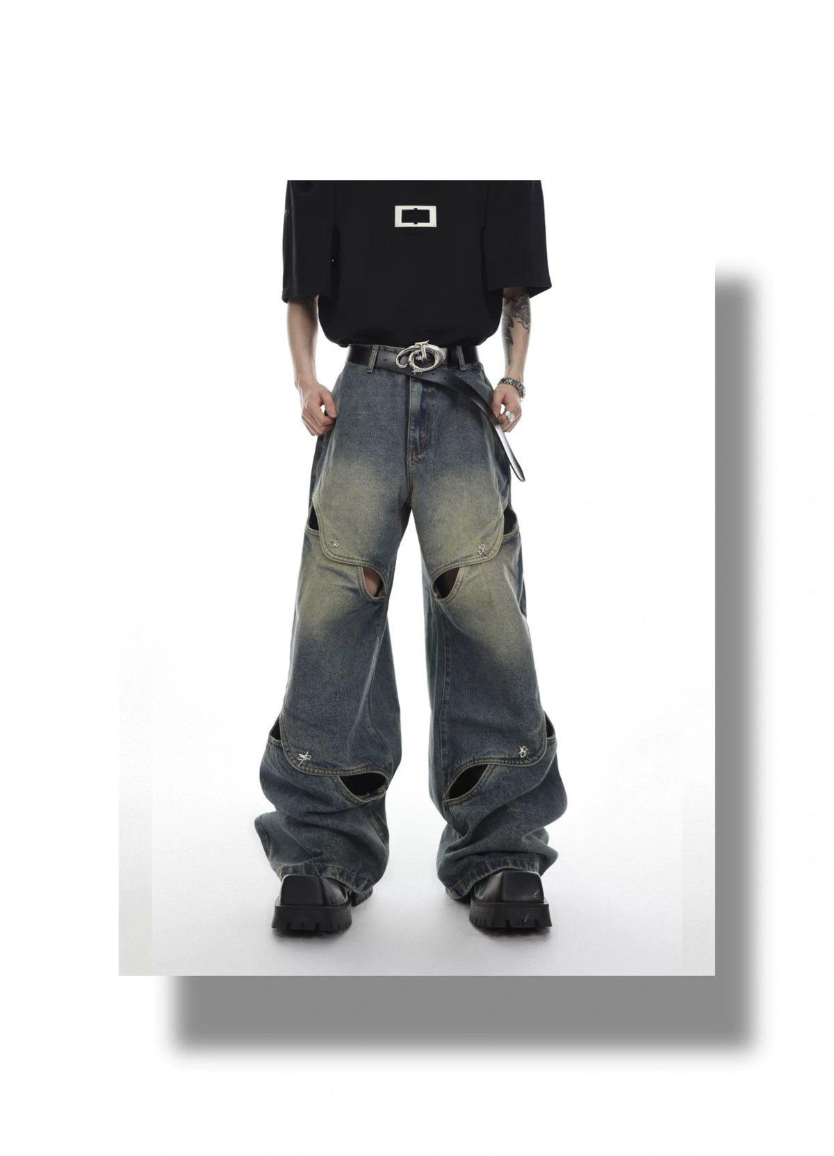 Cutout Washed Straight-Leg Jeans - product detail