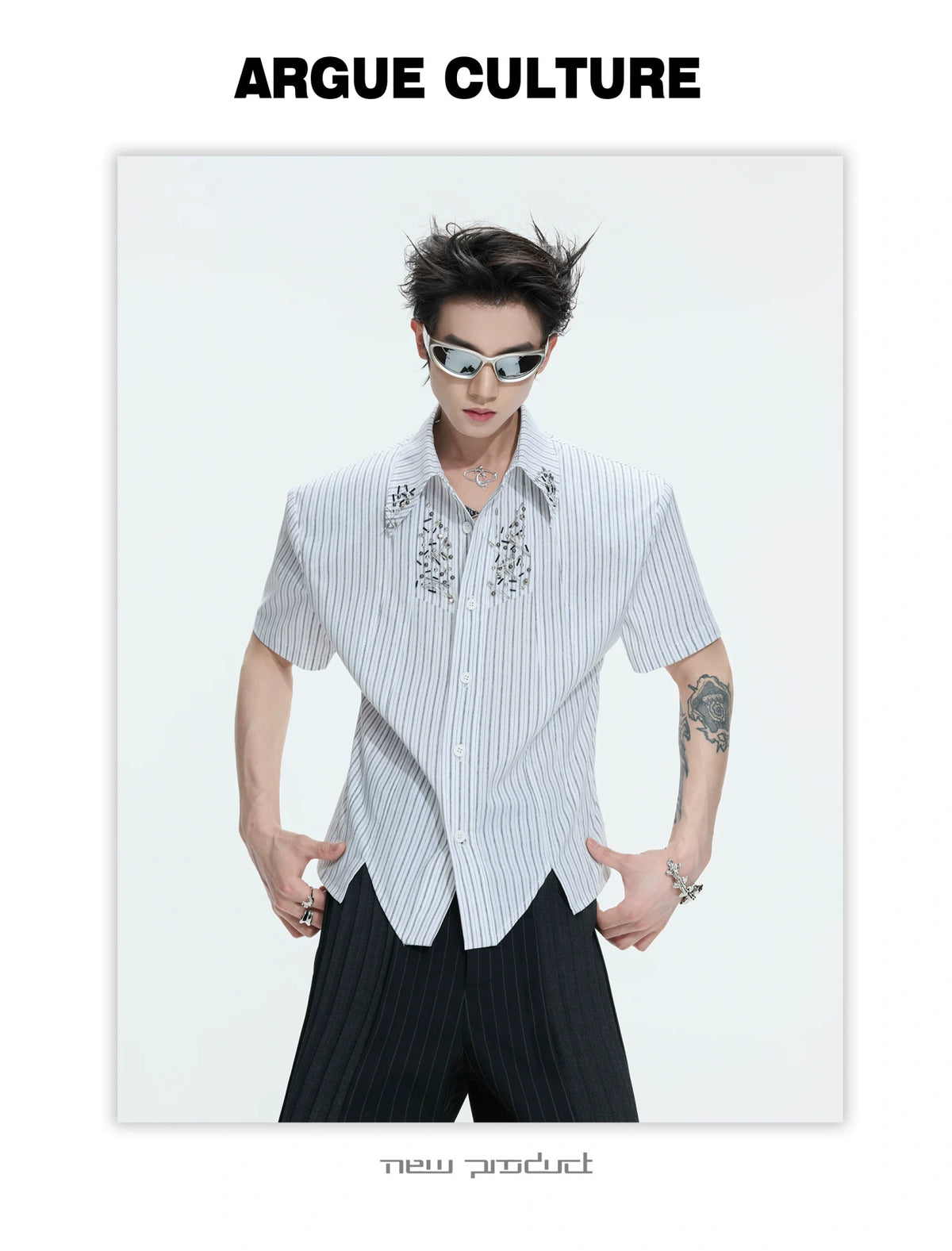 Asymmetric Shoulder-Pad Stripe Shirt - product detail