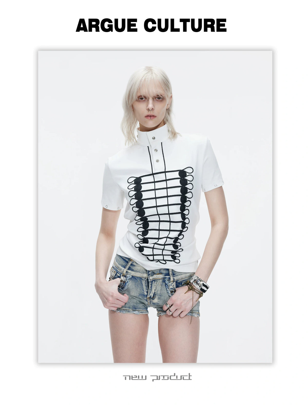 Chain Embroidered Stand-Collar Polo Tee - product detail