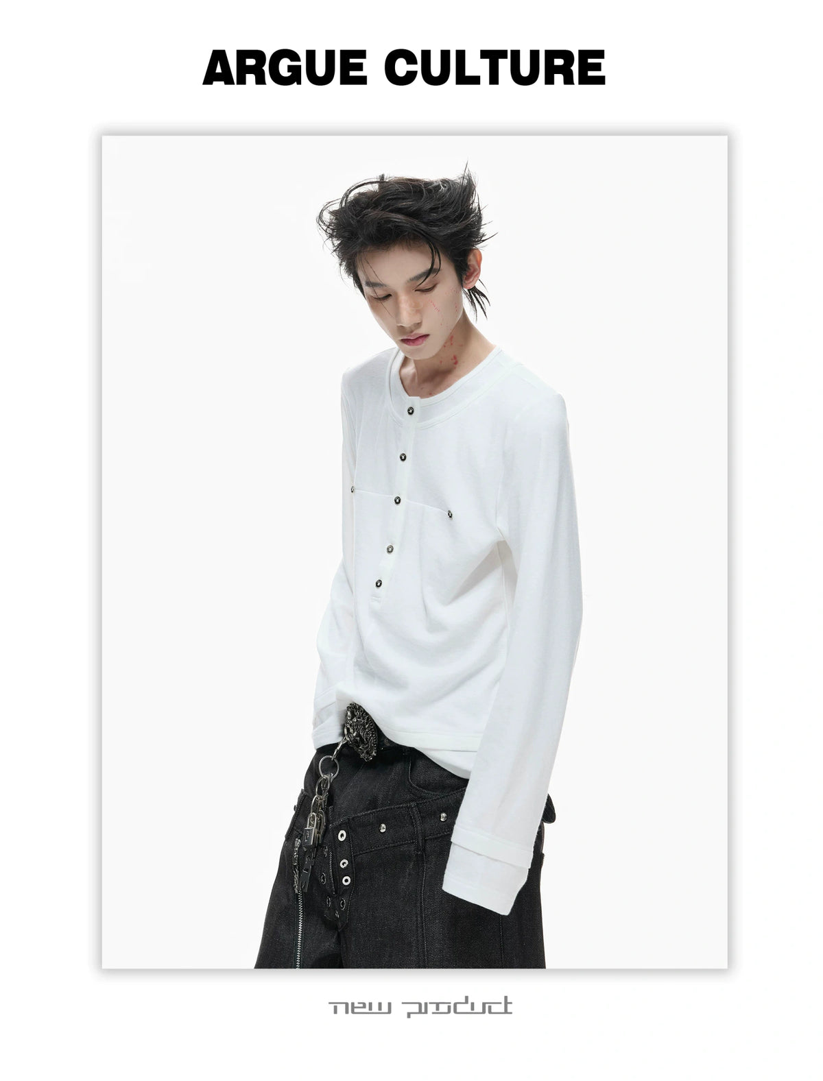 Faux-Layer Cotton Button Long-Sleeve Top - product detail