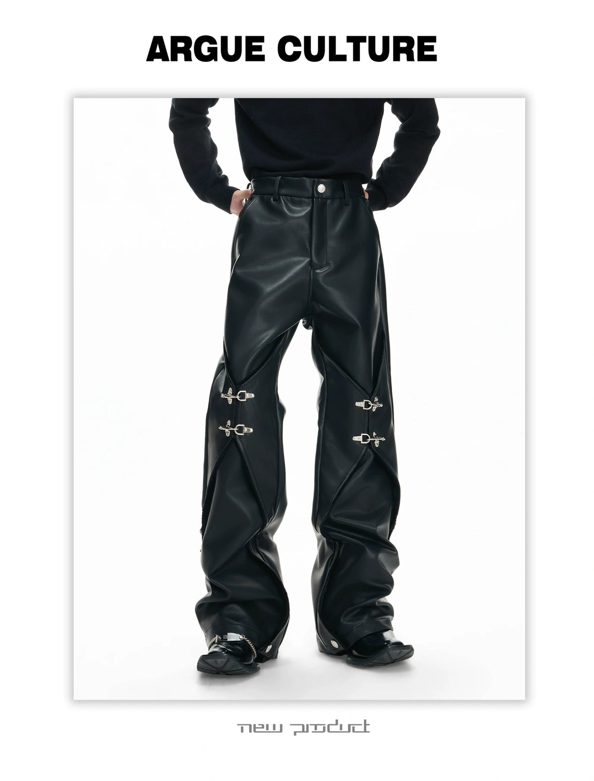 Black Faux-Leather Buckle Straight-Leg Pants - product detail