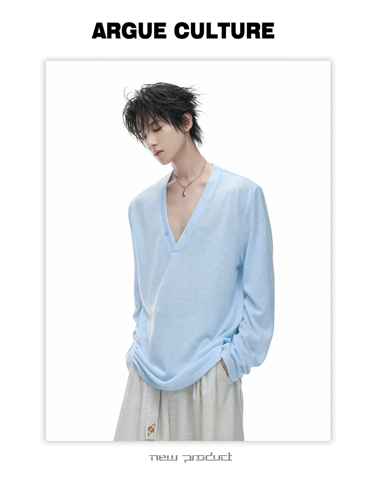 Deep V-Neck Linen-Blend Long-Sleeve Tee - product detail