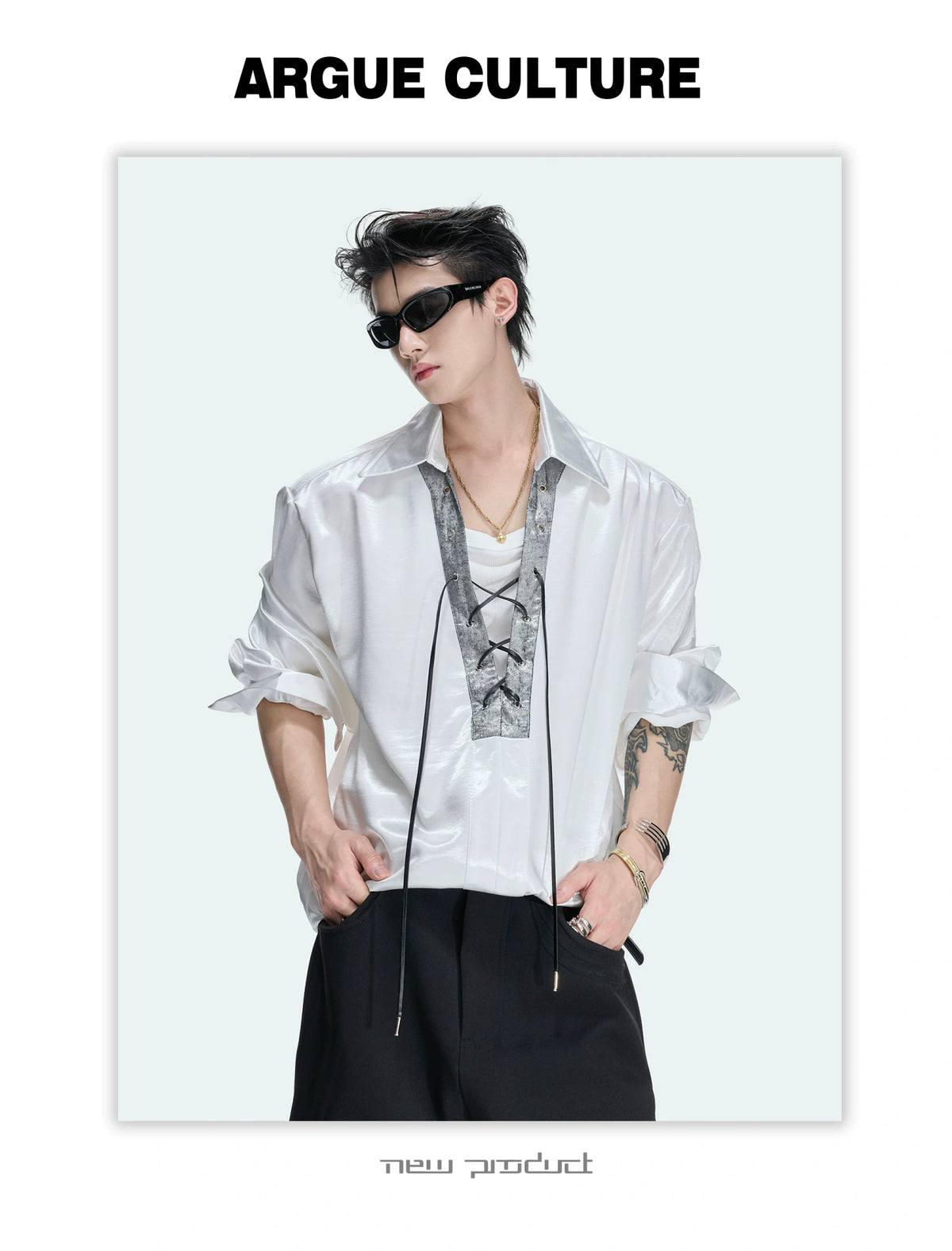 Contrast Lace-Up Satin Shirt - product detail