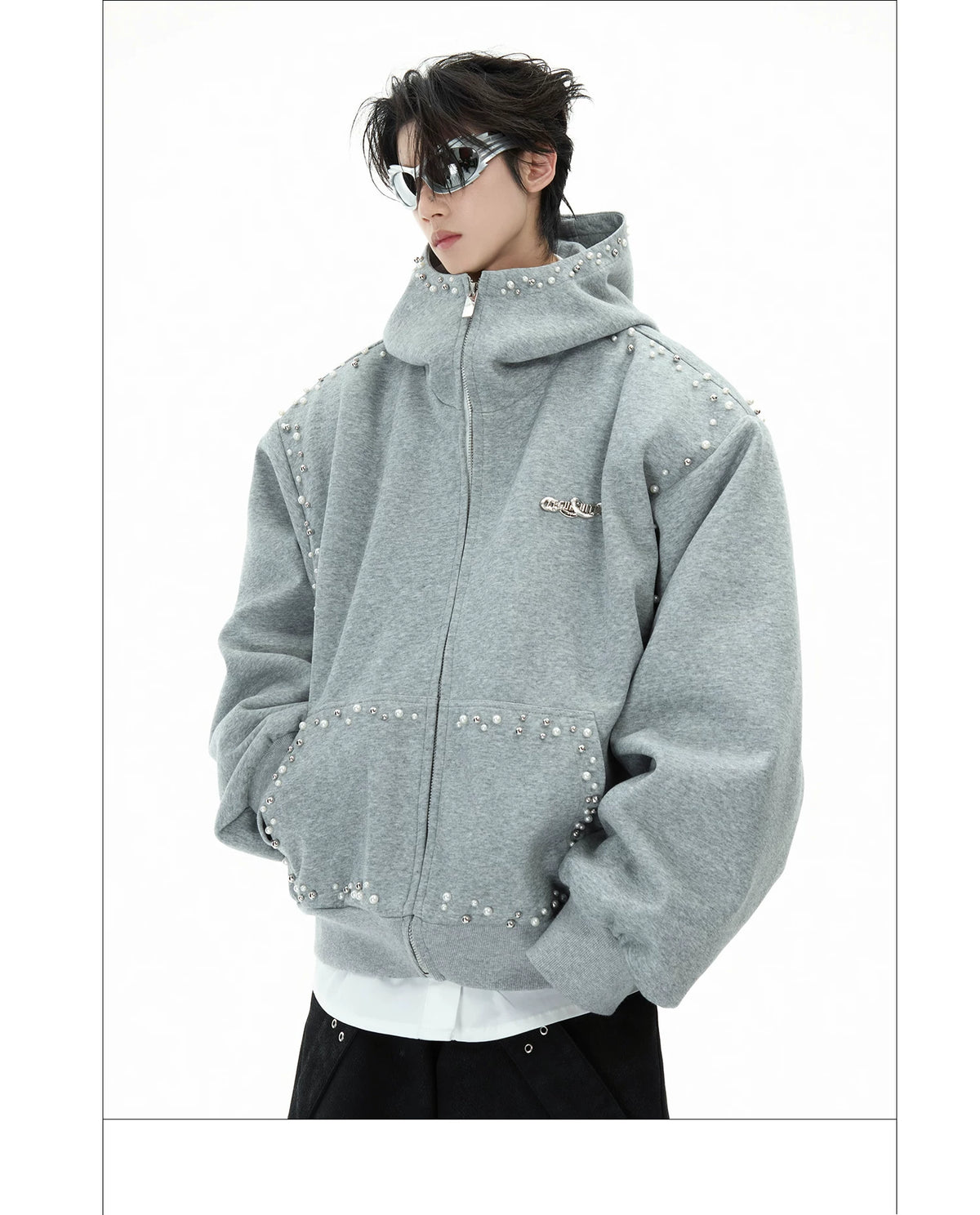 Pearl-Trim Zip Hoodie Jacket - product detail