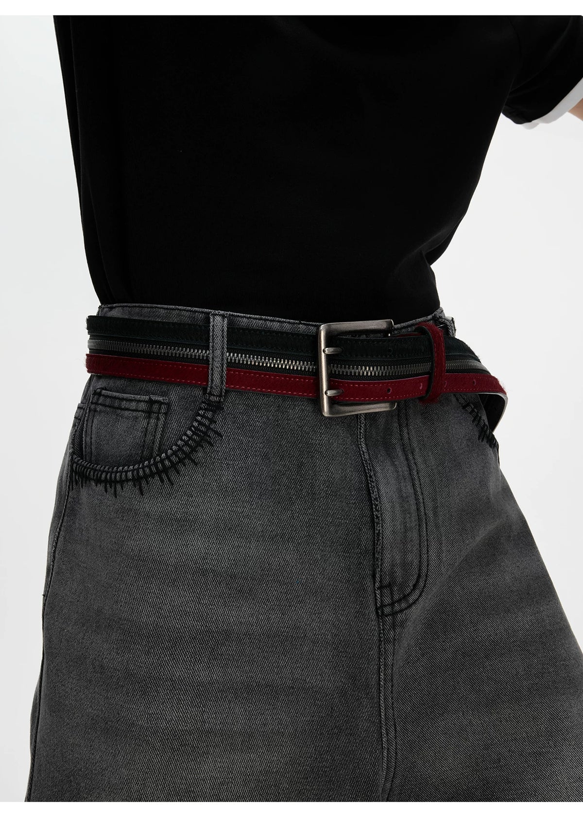 Black Red Horsehair Leather Belt - product detail