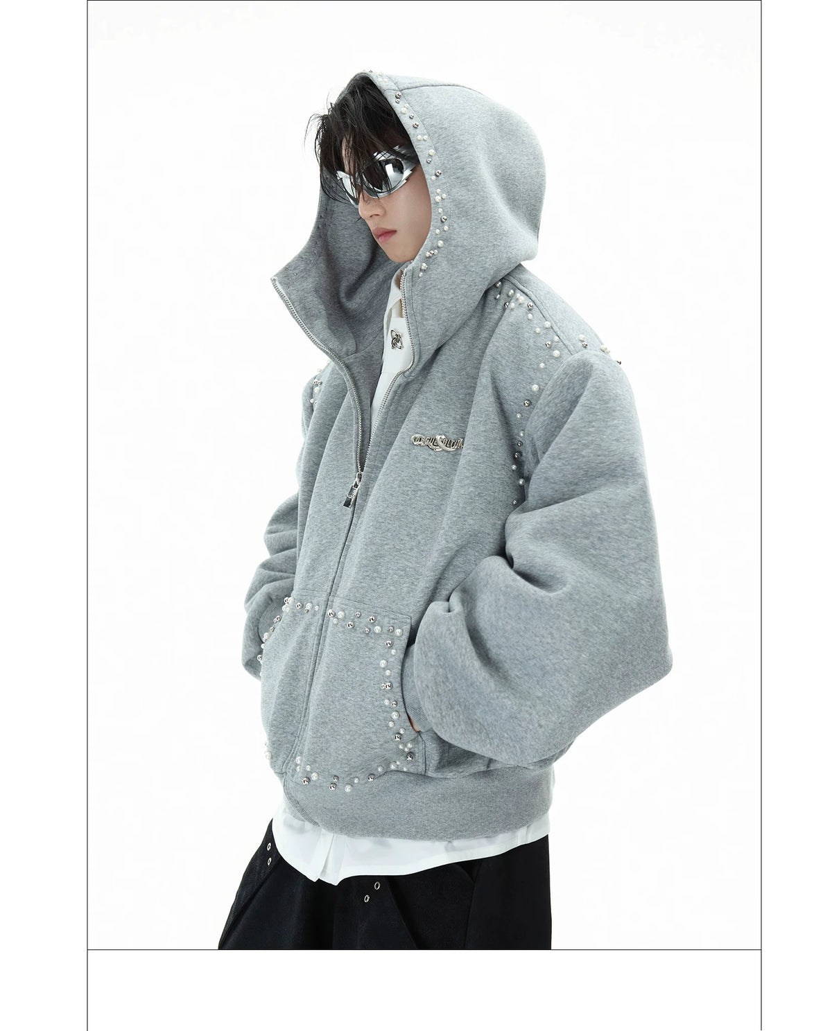 Pearl-Trim Zip Hoodie Jacket - product detail