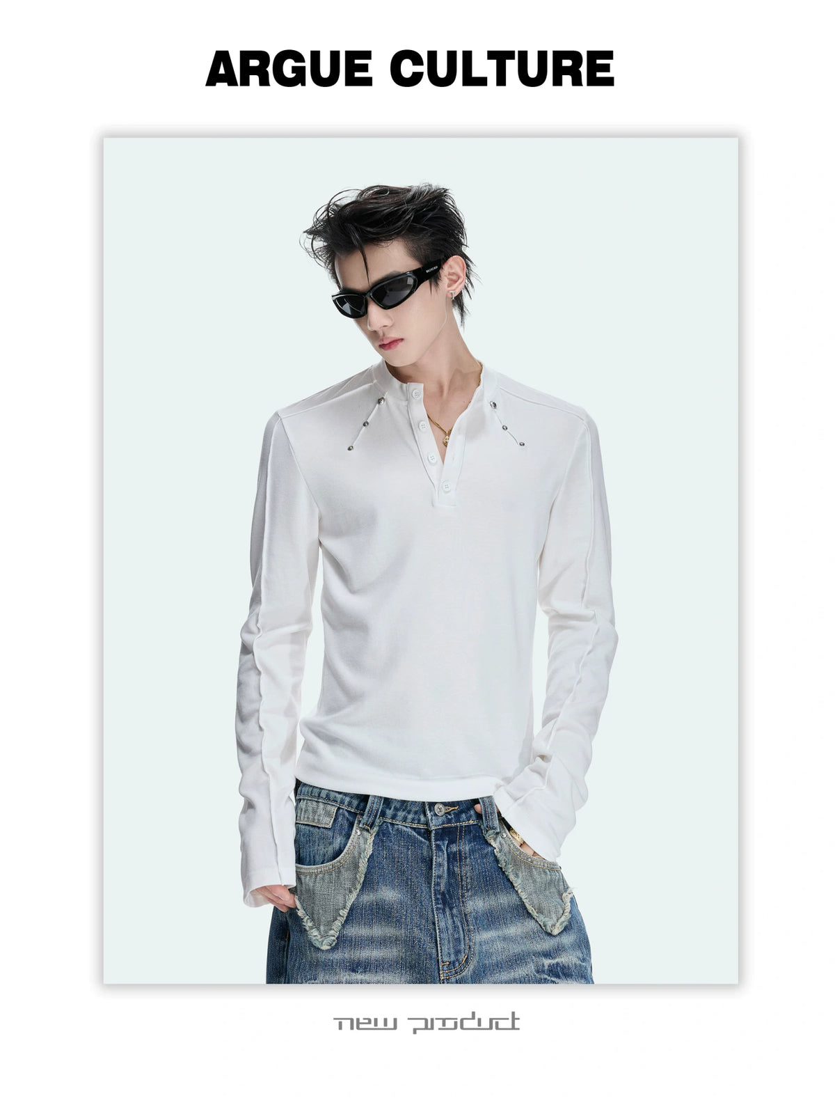 Studded Fitted Henley Long-Sleeve Tee - product detail