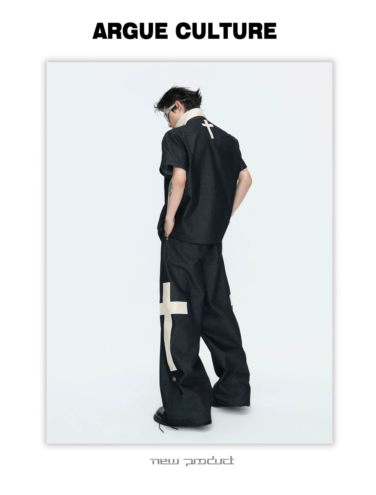 Black Cross-Detail Wide-Leg Jeans - product detail