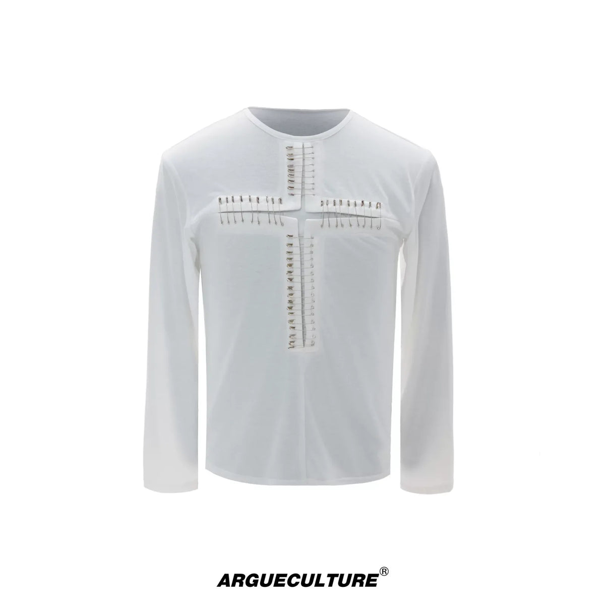 Unisex Pin Cross Long-Sleeve Cotton Blend Top - White Top