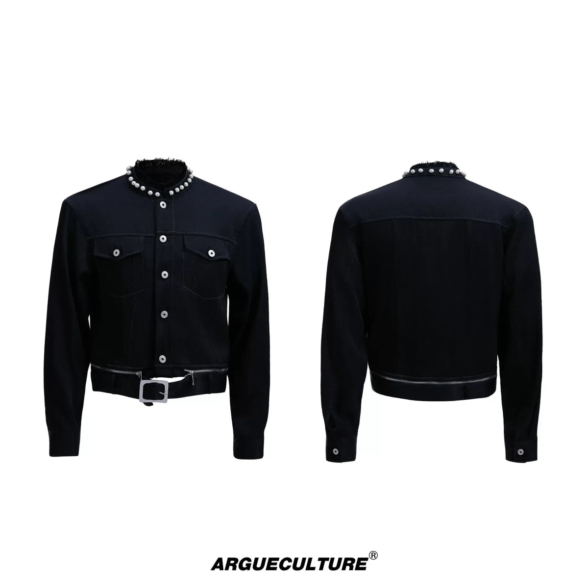 Pearl-Trimmed Collarless Utility Suit | Cotton Streetwear - Black Top