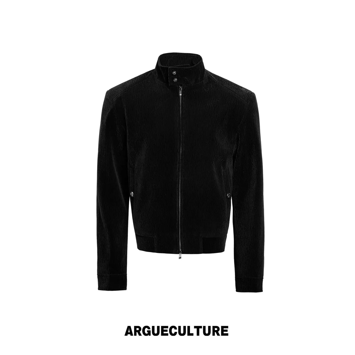 Black Cropped Stand-Collar Velour Jacket with Double Zip - Black