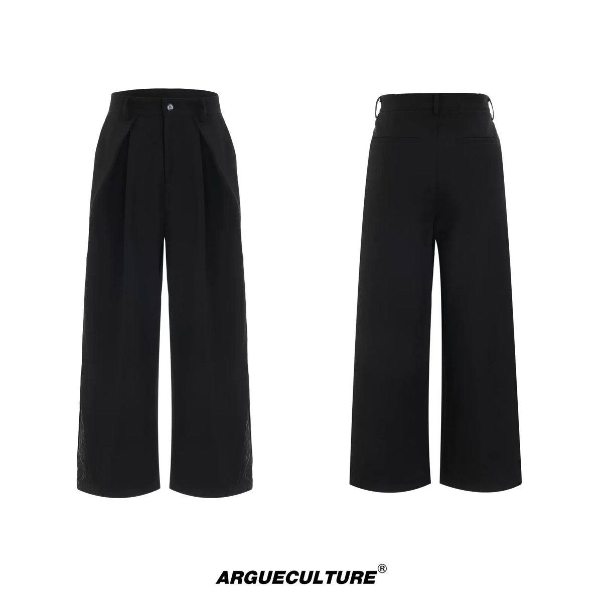 Embroidered Pleated Wide-Leg Trousers | Relaxed Fit - Black Trousers
