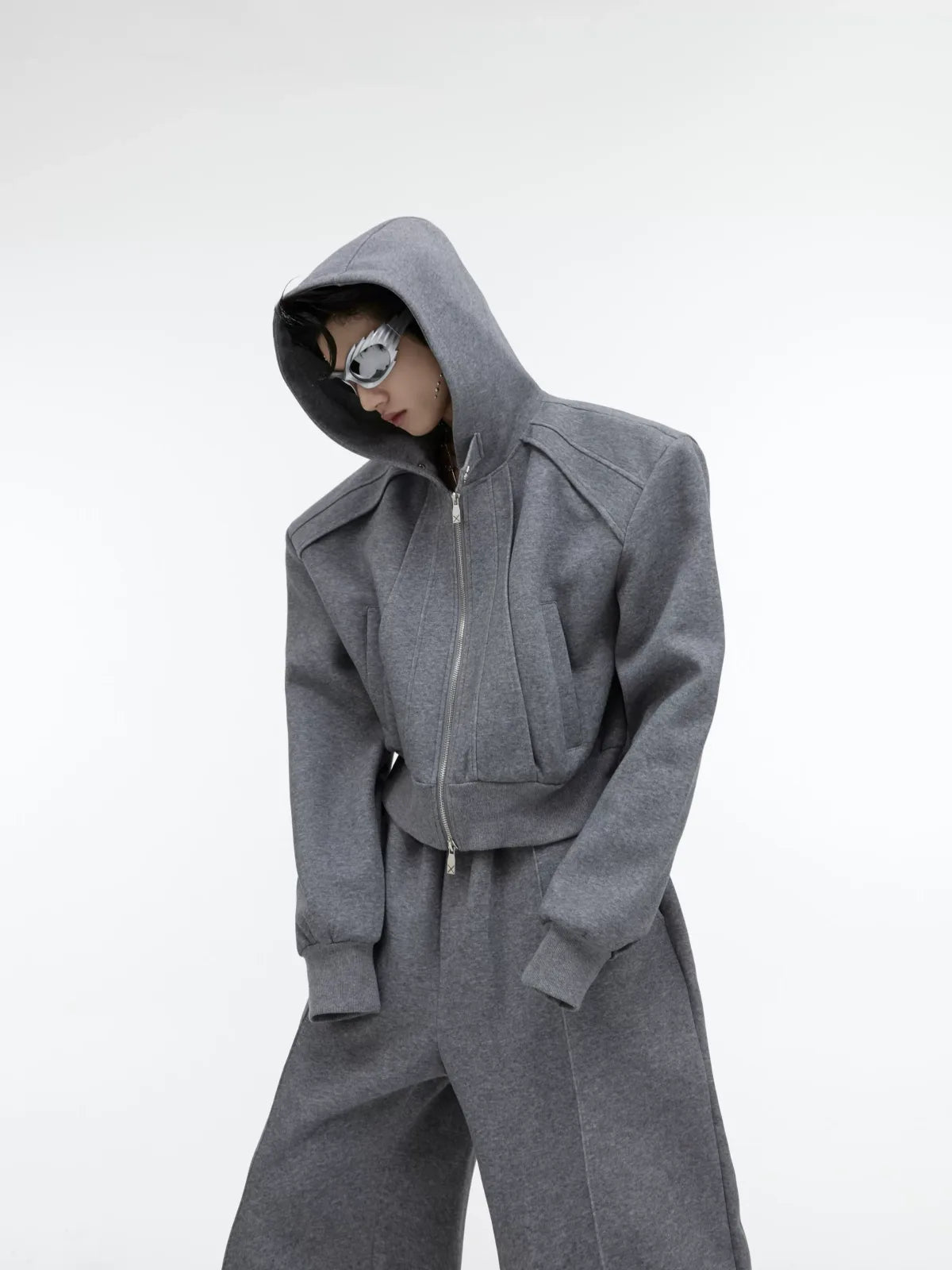Shimmer Zip Hoodie & Pants Set | Avant-Garde Streetwear - Gray Top