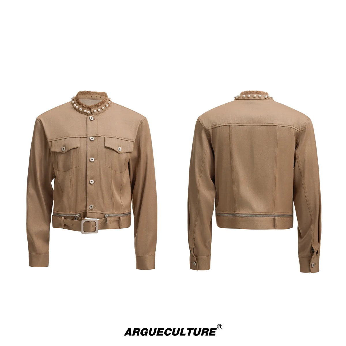 Pearl-Trimmed Collarless Utility Suit | Cotton Streetwear - Dark Brown Top