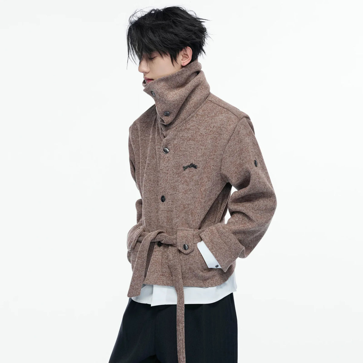 Faux Two-Piece Waist-Tie Knit Jacket in Black & Gray - Brown