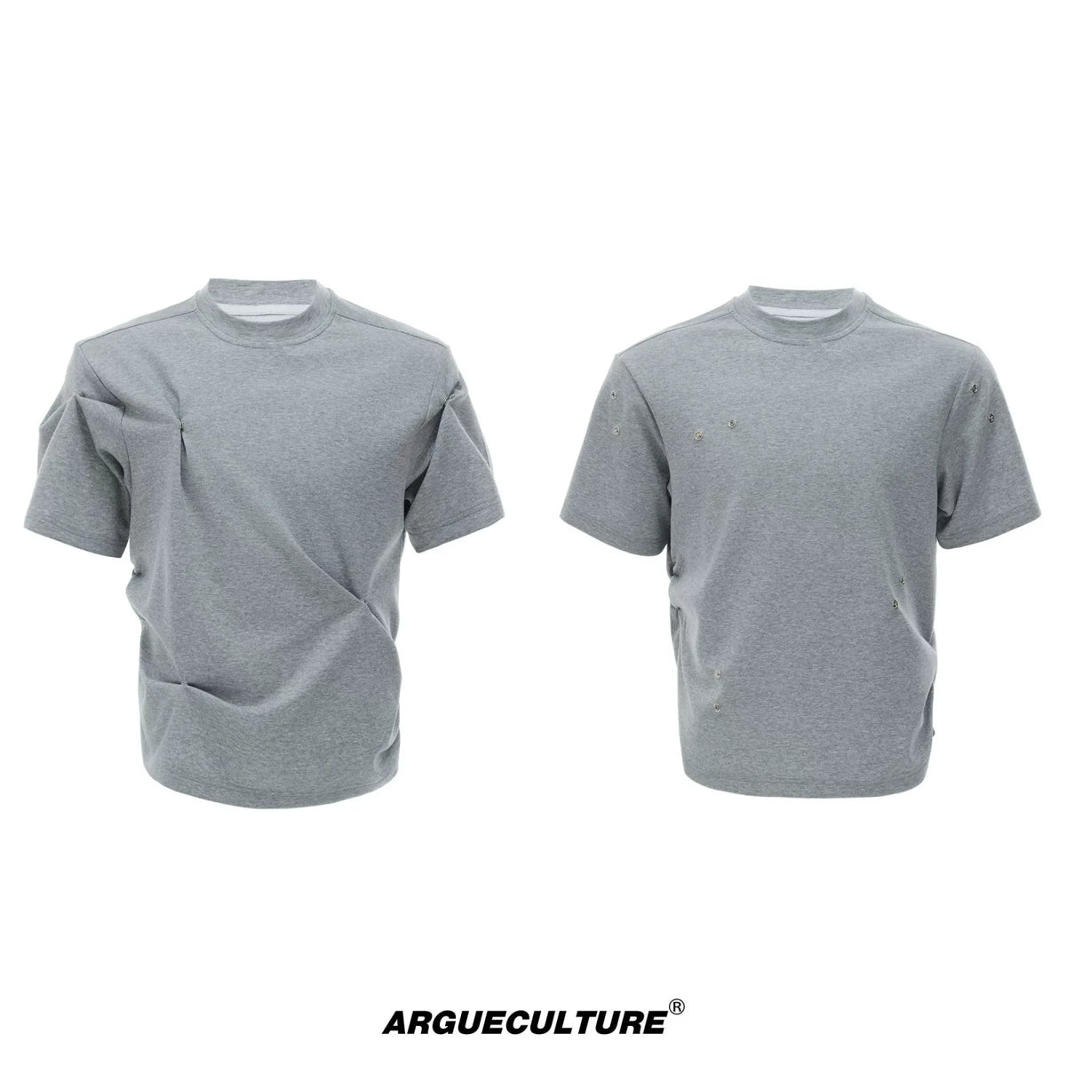 Pleated Boxy Cotton T-Shirt with Metal Details - Gray T-Shirt