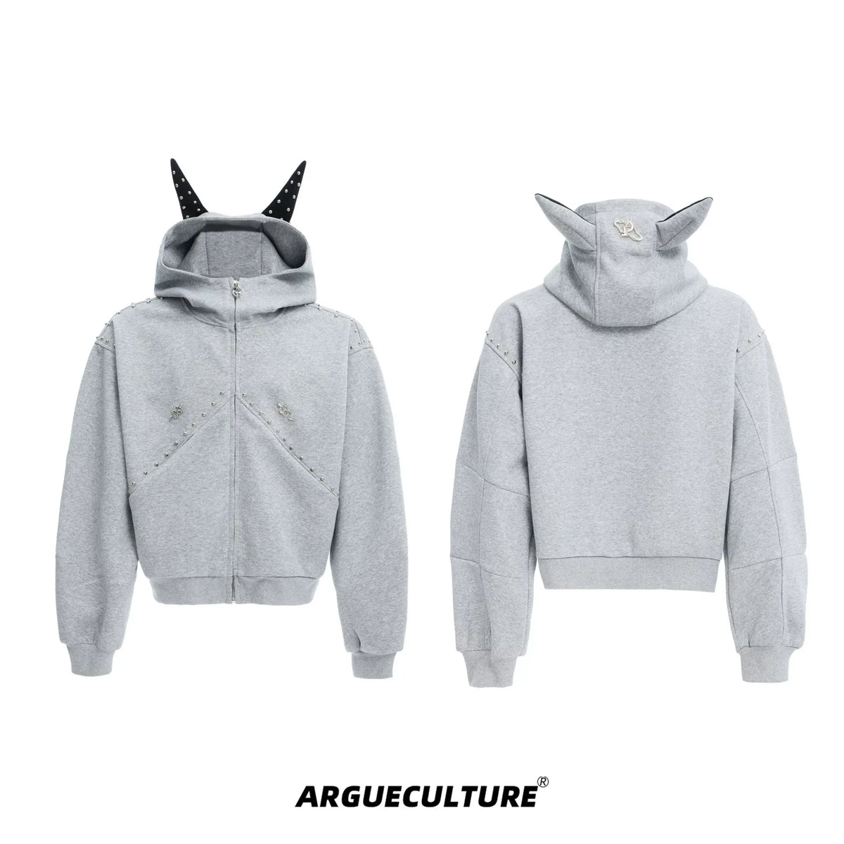 Relaxed Doberman-Ear Rivet Zip Hoodie Jacket - Gray Jacket