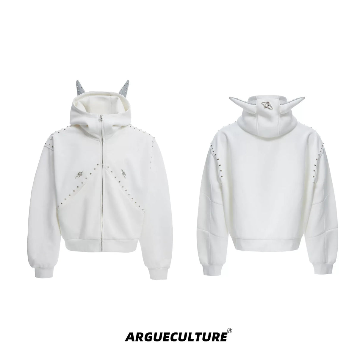 Relaxed Doberman-Ear Rivet Zip Hoodie Jacket - White Jacket