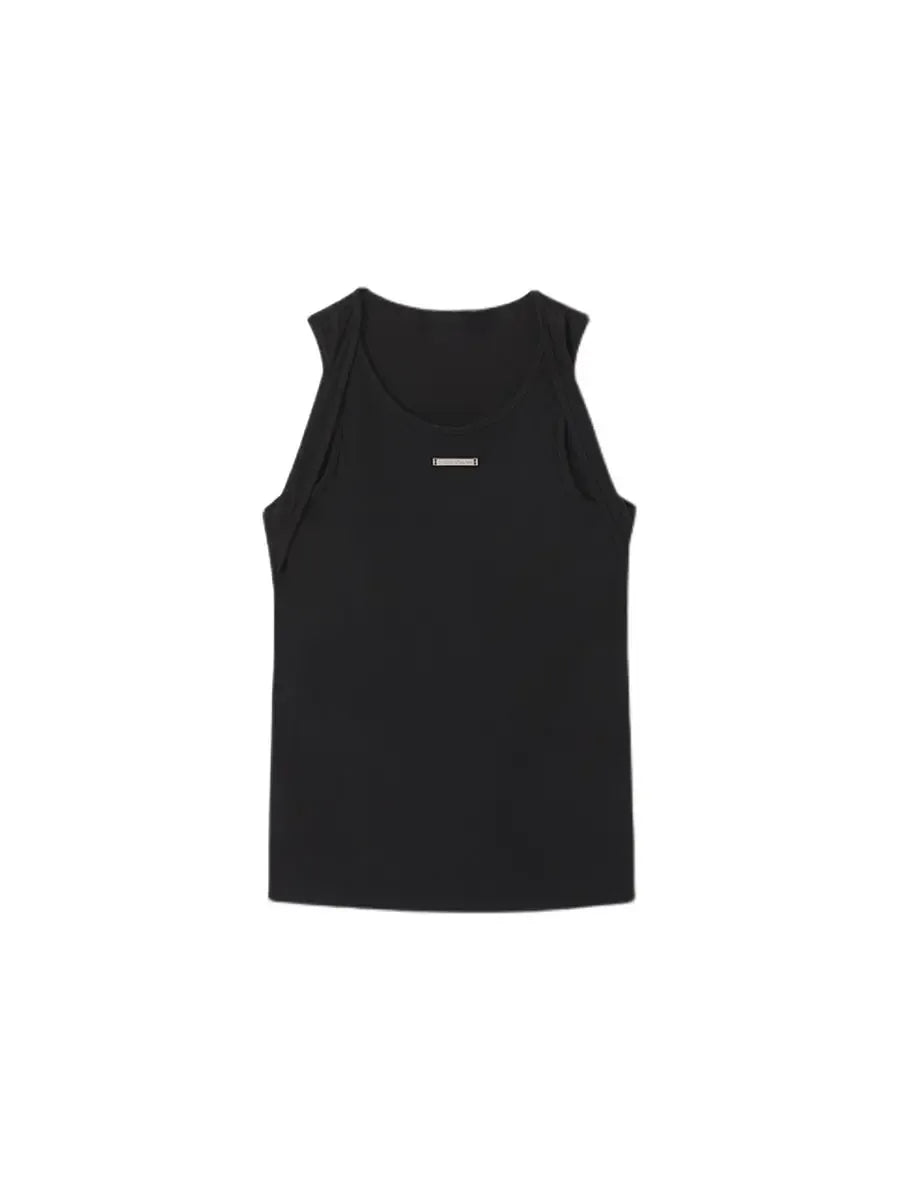 Black Cotton Double-Strap Metal Detail Sleeveless Top - Black