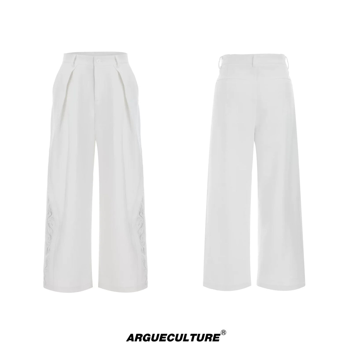 Embroidered Pleated Wide-Leg Trousers | Relaxed Fit - White Trousers