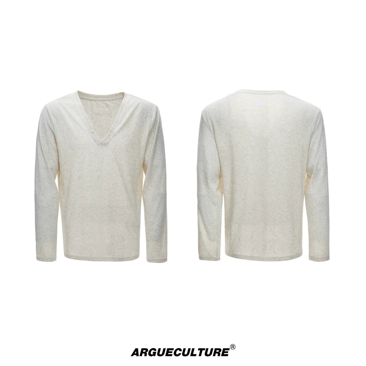 Deep V-Neck Linen-Blend Long-Sleeve T-Shirt - Khaki Top