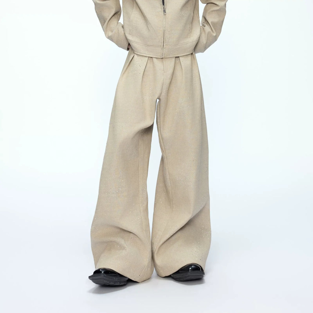 Unisex Contrast Lapel Cotton Jacket and Pants Set - Khaki Pants