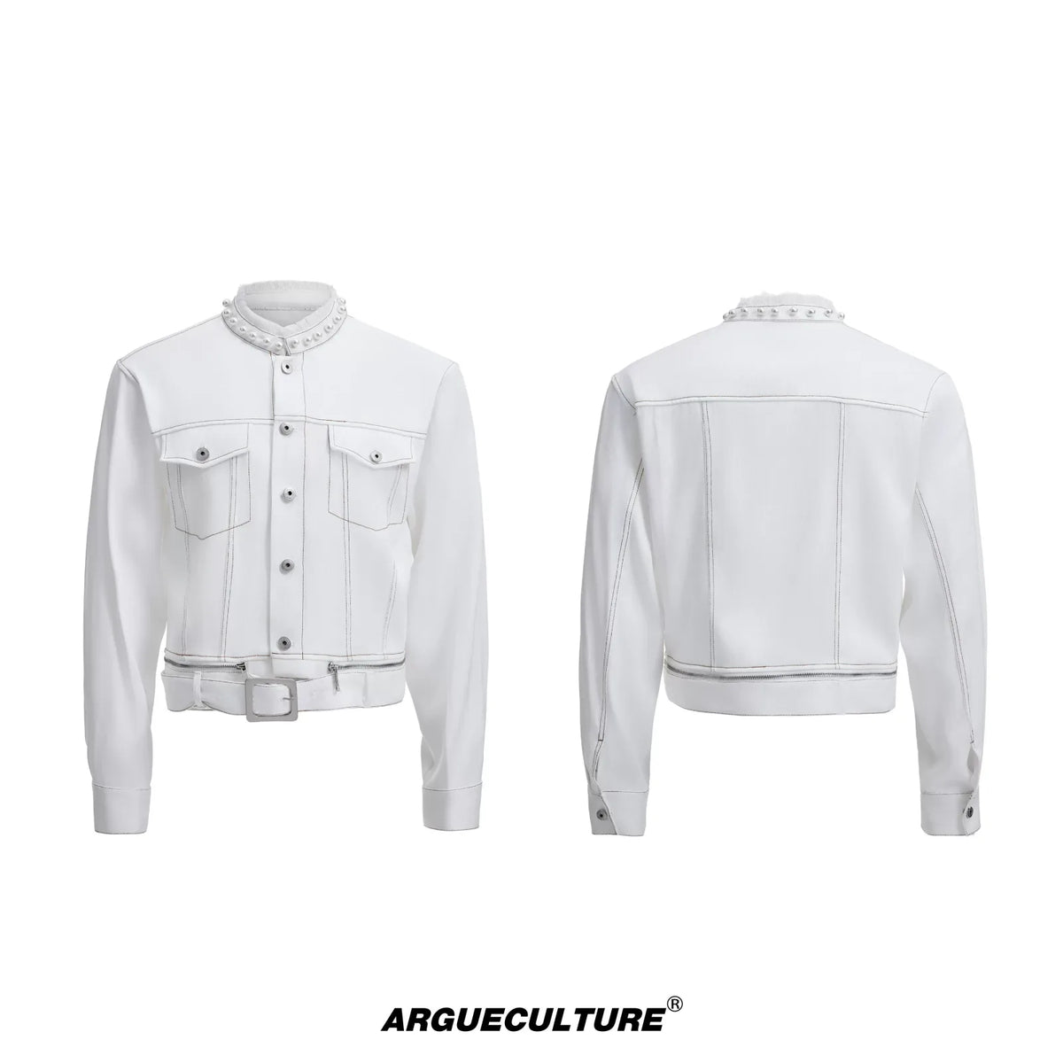 Pearl-Trimmed Collarless Utility Suit | Cotton Streetwear - White Top