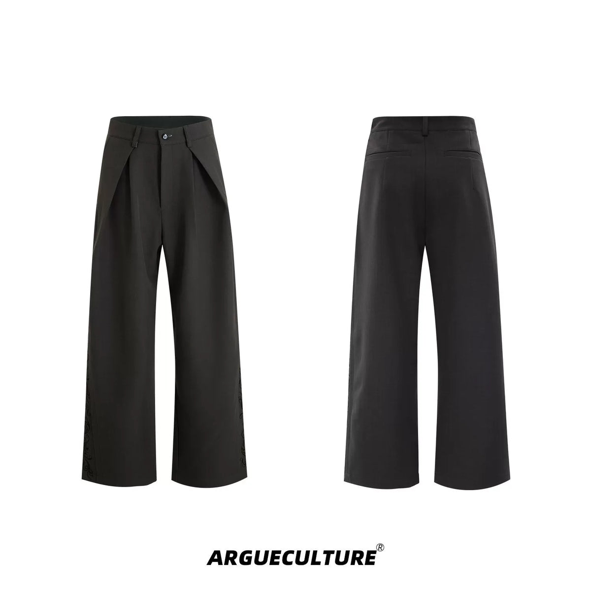 Embroidered Pleated Wide-Leg Trousers | Relaxed Fit - Dark Gray Trousers