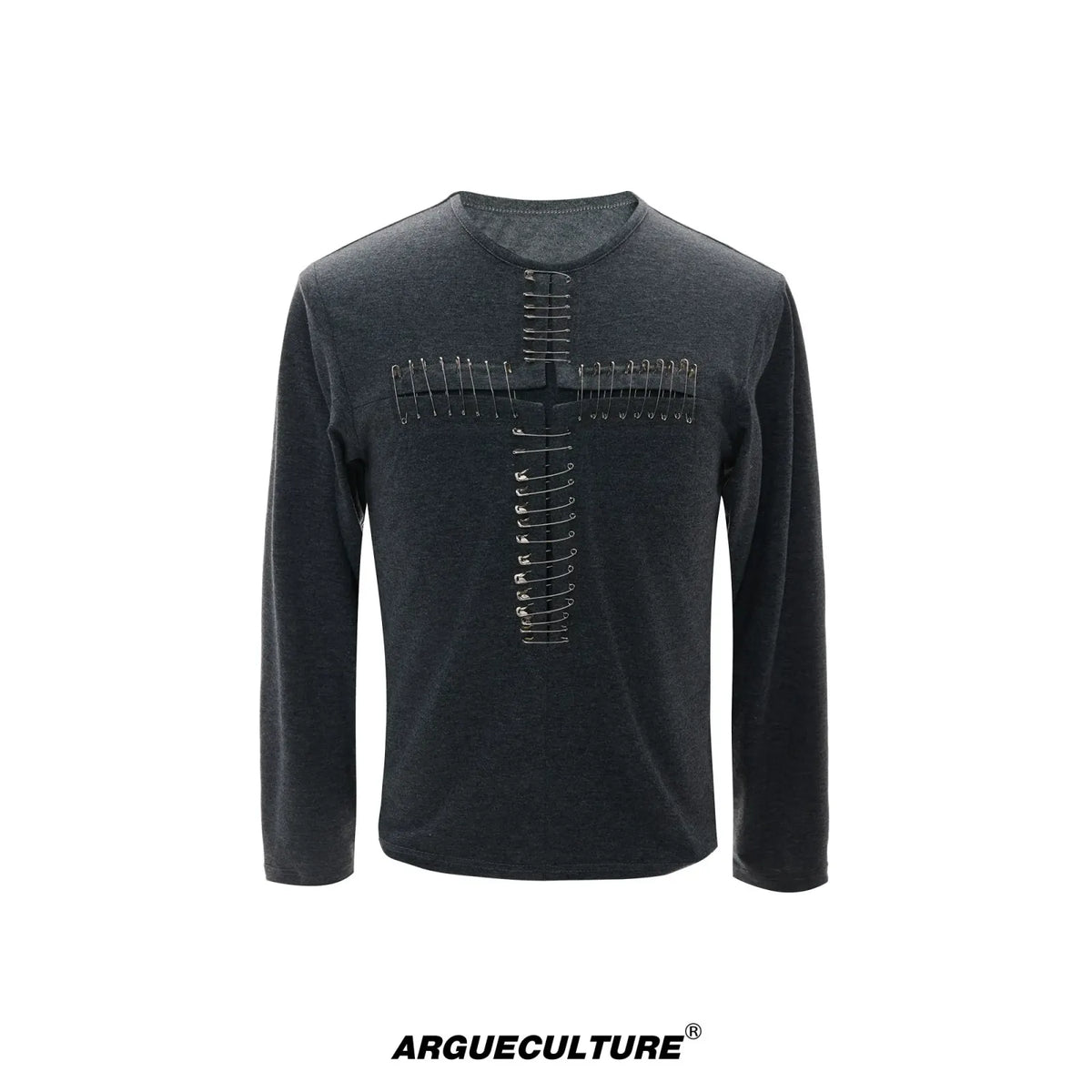 Unisex Pin Cross Long-Sleeve Cotton Blend Top - Gray Top