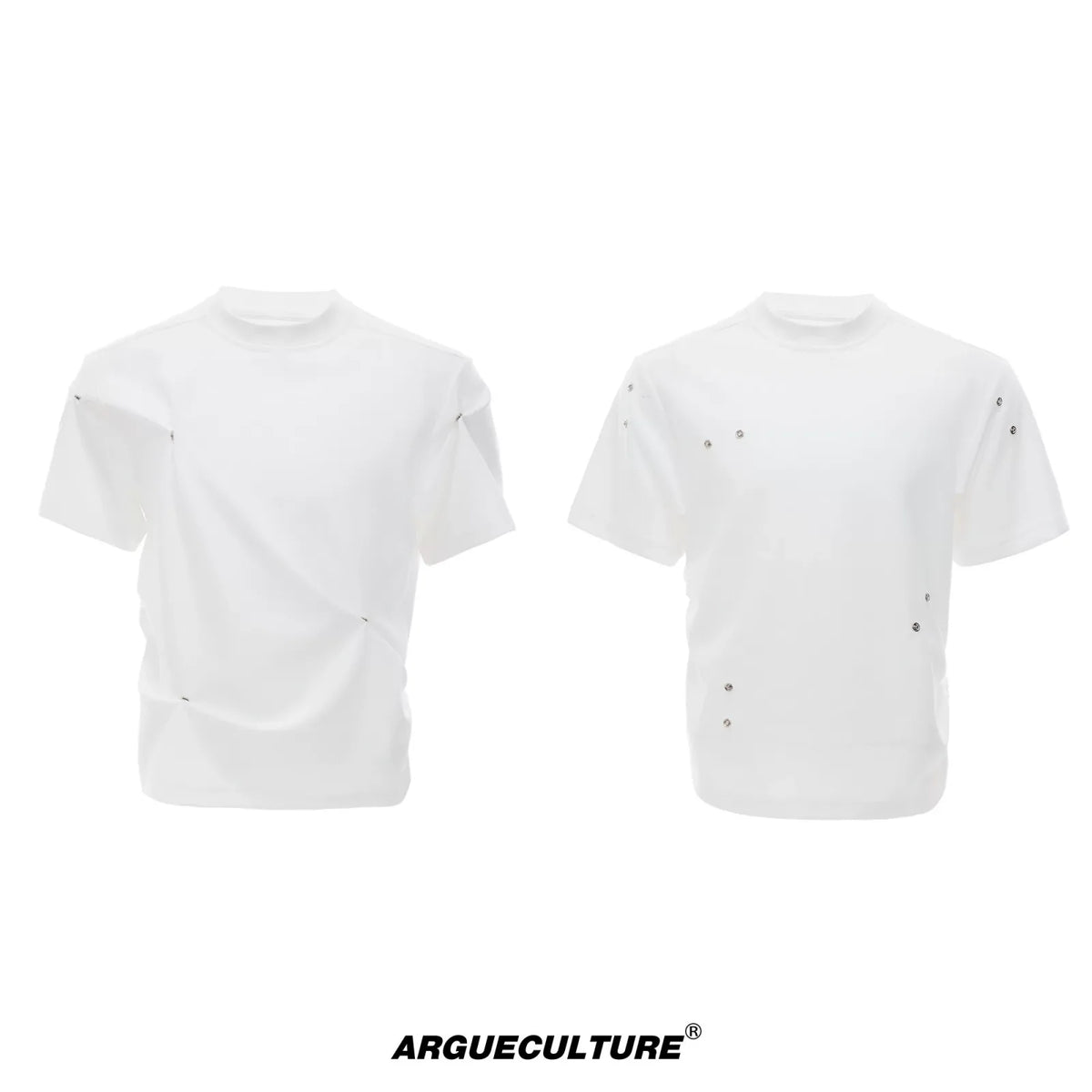 Pleated Boxy Cotton T-Shirt with Metal Details - White T-Shirt