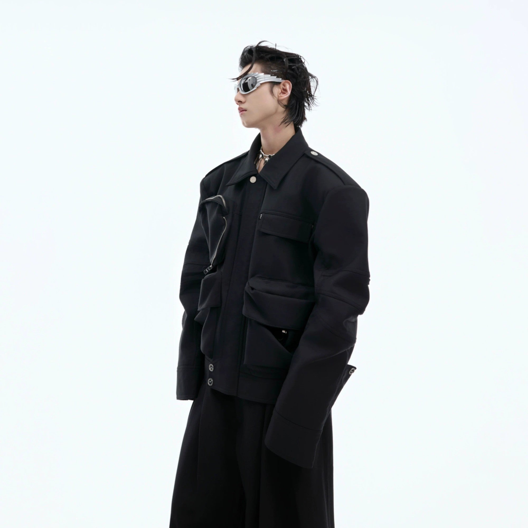 Streetwear model wearing a short brown utility windbreaker jacket