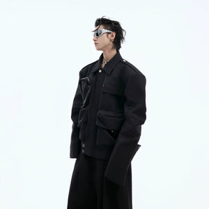 Streetwear model wearing a short brown utility windbreaker jacket