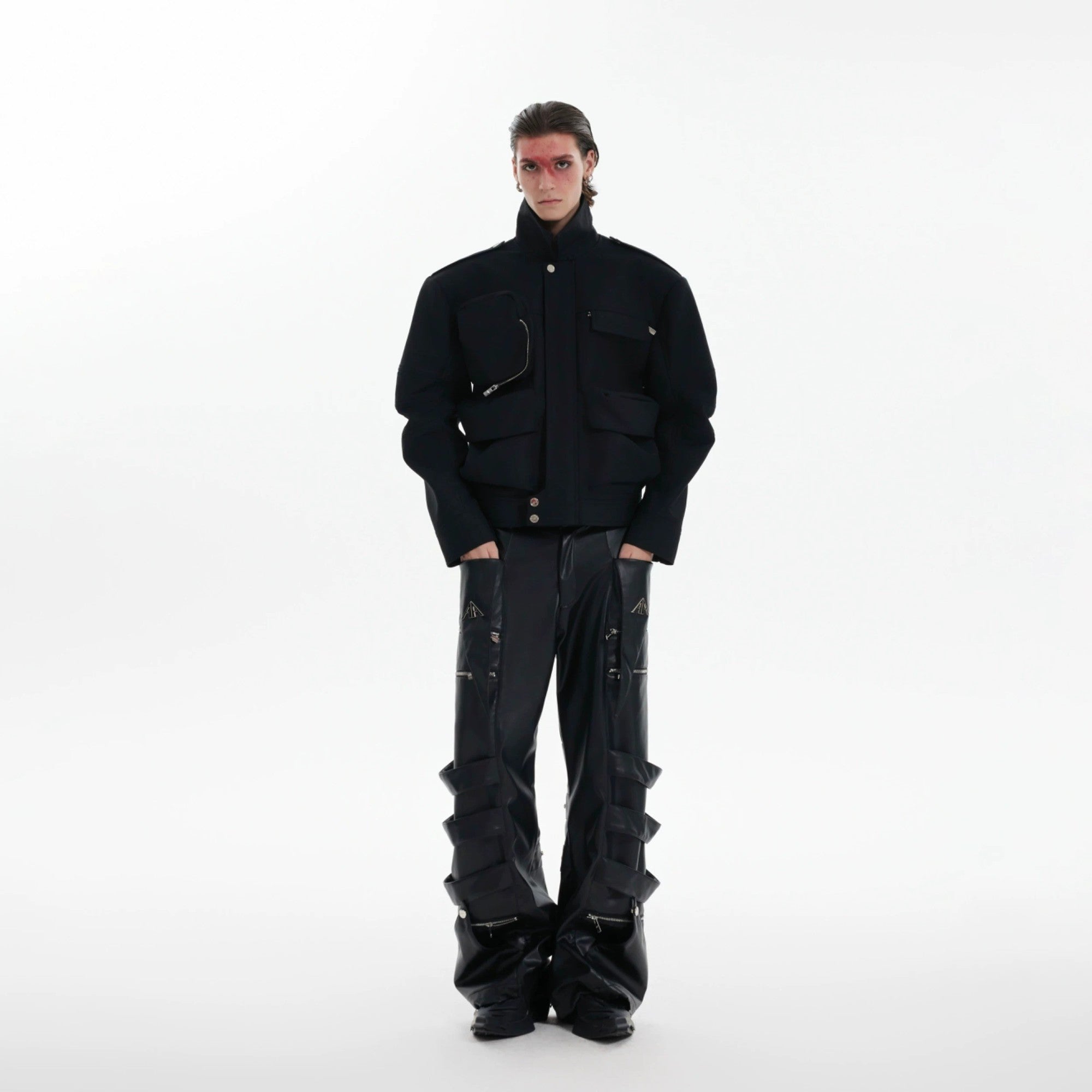 Back profile of a loose fit techwear windbreaker with lapel collar