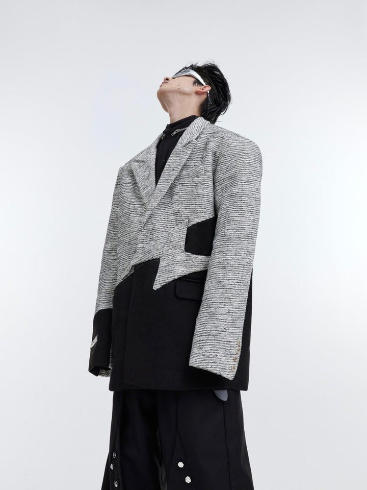 Texture Patchwork Wool Blazer | Deconstructed Metallic Design for Men - ArguE CulturE