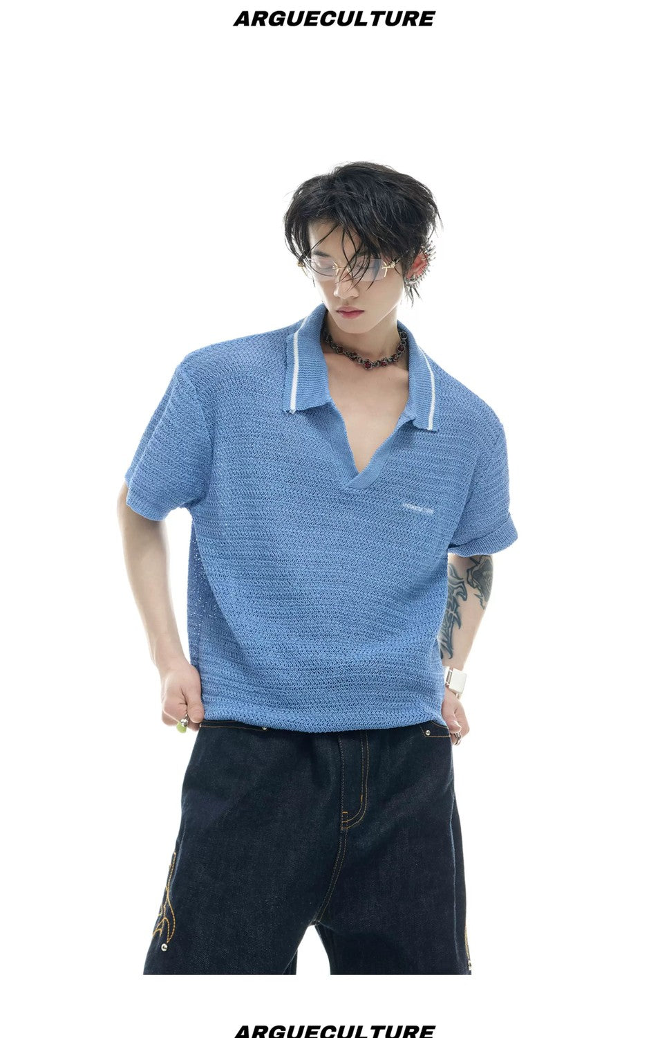 desc::textured-knit-polo-contrast-stitching-oversized-shirt-detail-img-11