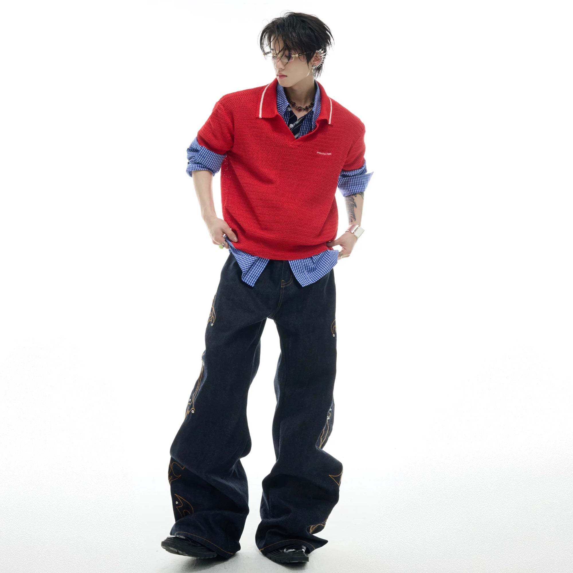 Back view of the loose fit summer knit polo shirt