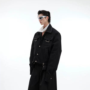 Front view of a black oversized deconstructed mesh jacket with lapels