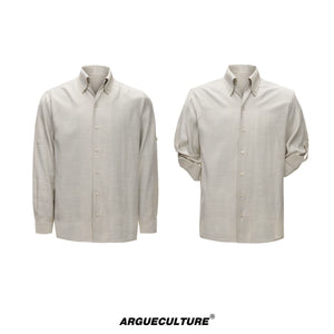 Textured Pleated Long-Sleeve Button-Front Shirt - Khaki