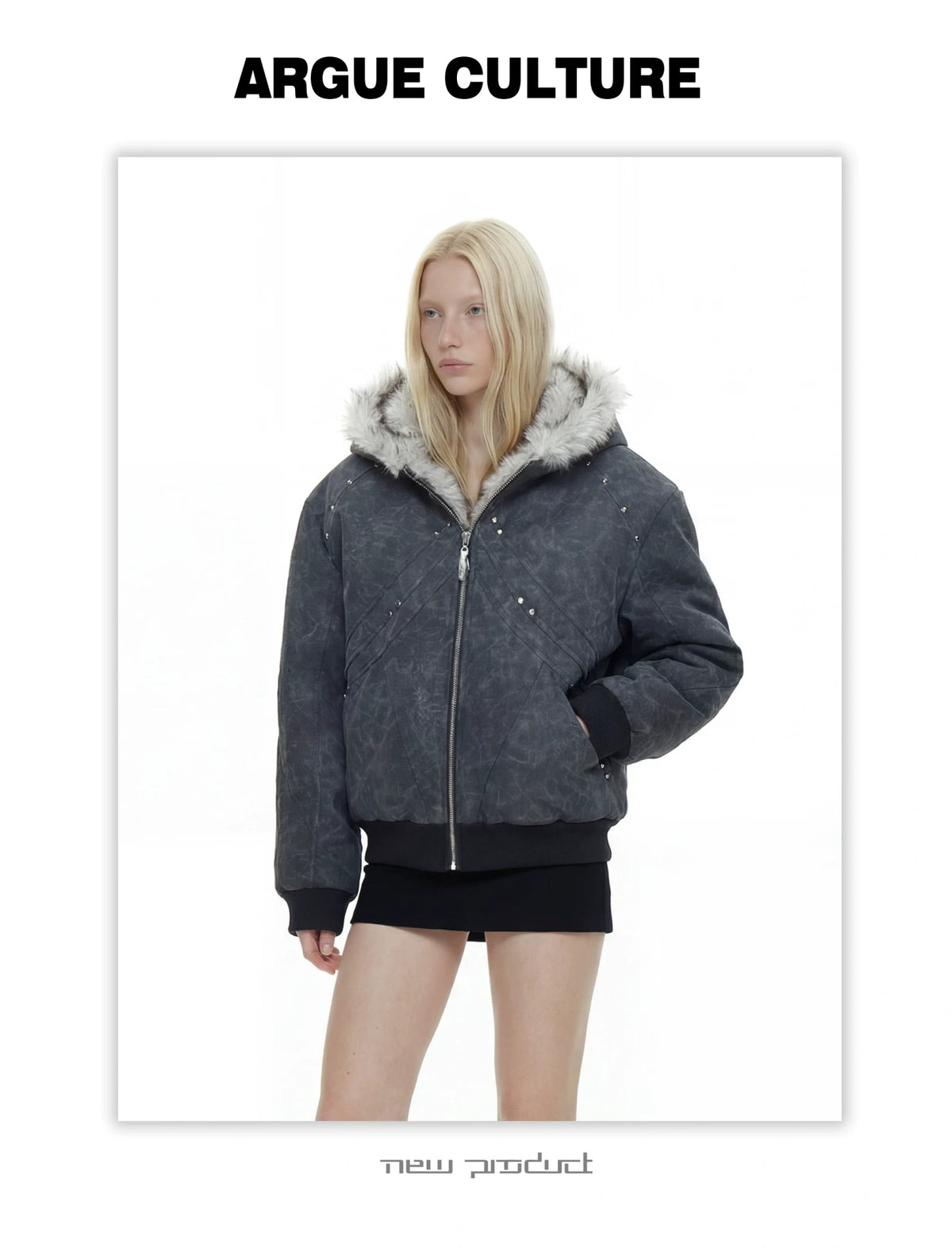Textured PU Faux-Leather Hooded Jacket with Faux Fur - detail image 5