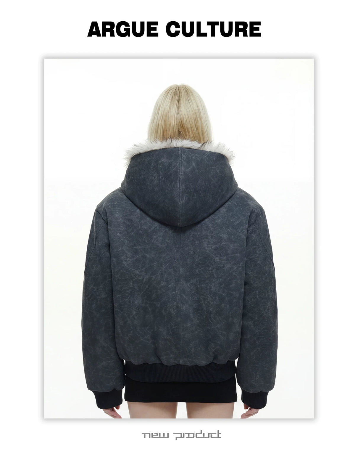Textured PU Faux-Leather Hooded Jacket with Faux Fur - detail image 9